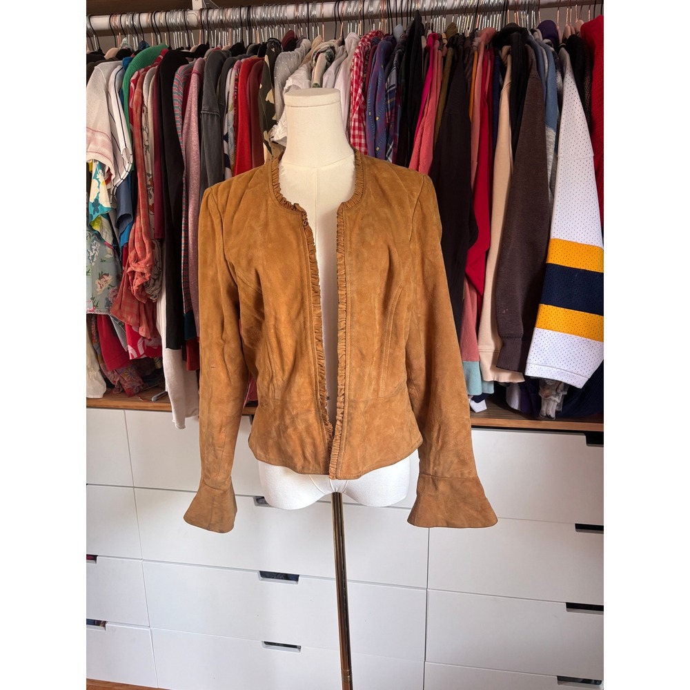 INC Suede Ruffle Jacket Womens Medium Petite Tan Bell Sleeve Boho Leather Blazer